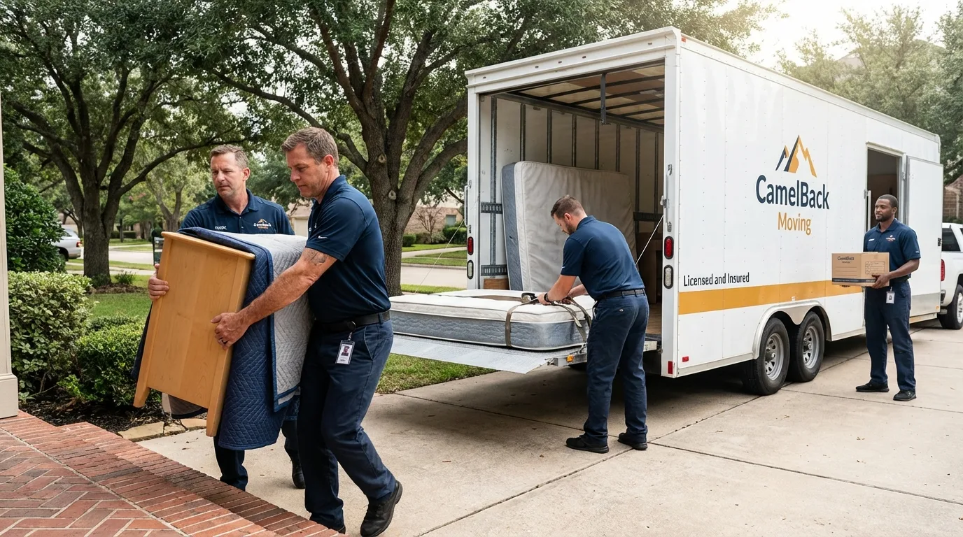 Crew loading residential truck for cross-state move from Ellinwood, KS