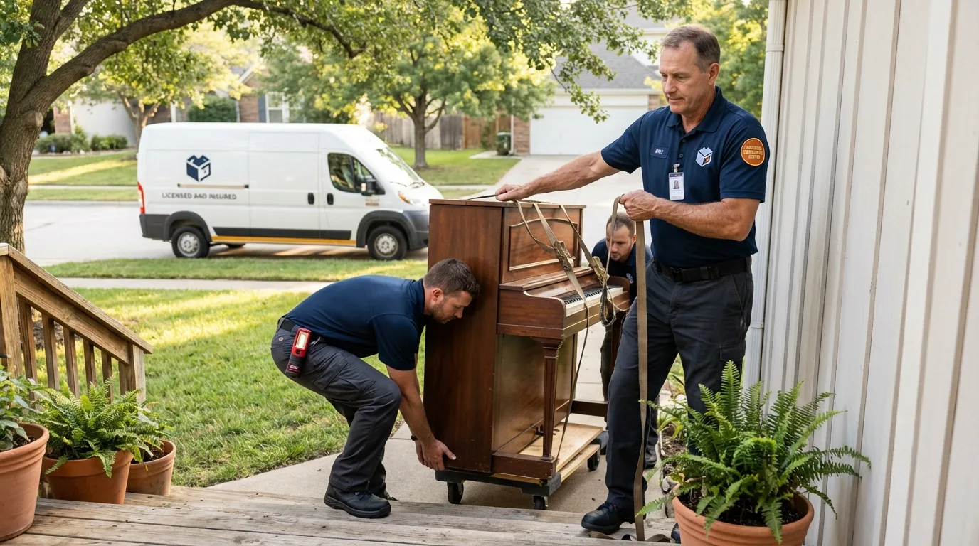 Licensed piano movers securing grand piano in Ellinwood, KS