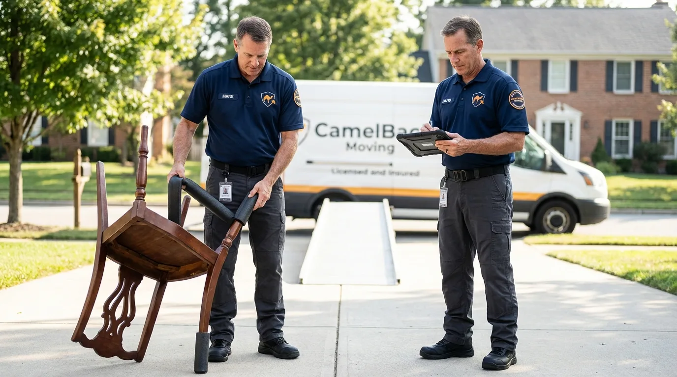 Movers inspecting furniture for damage prevention before loading in Ellinwood, KS