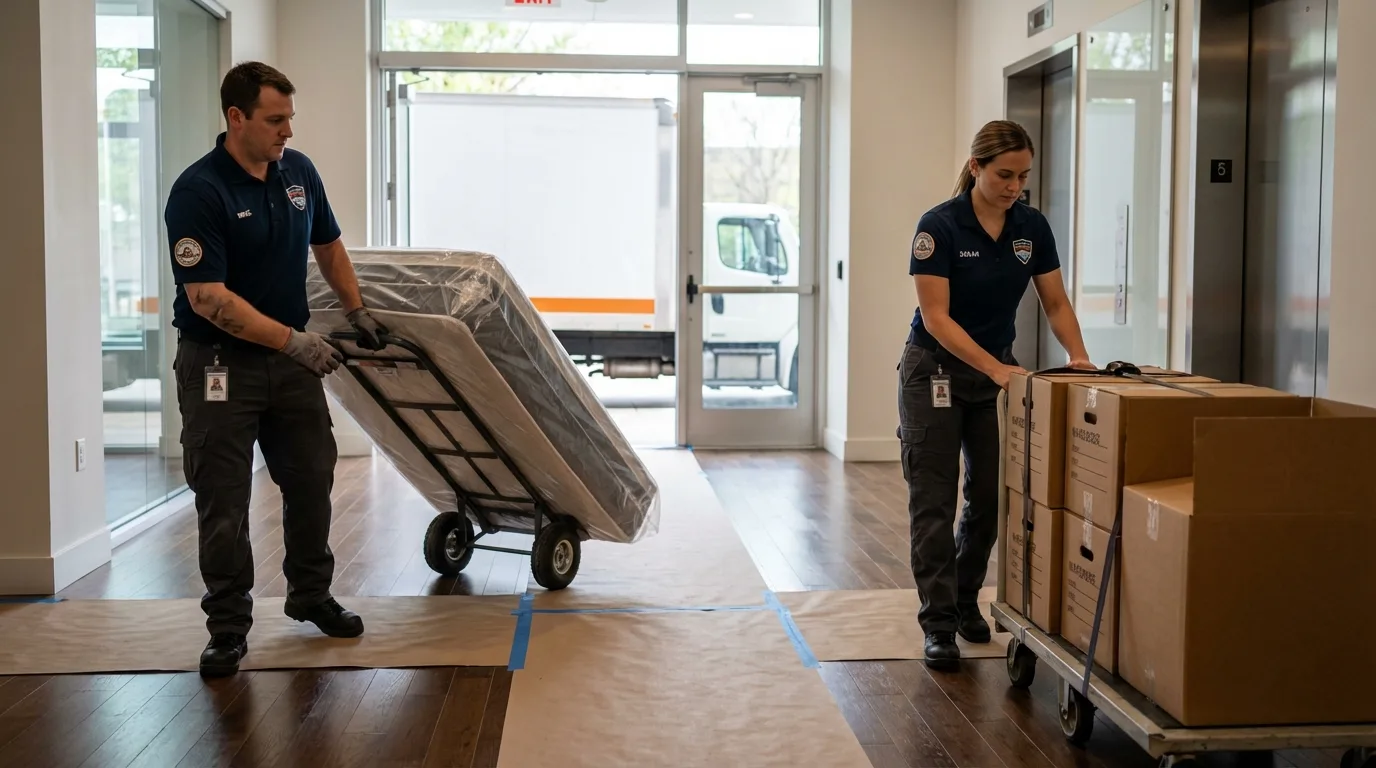 Professional apartment movers loading elevator in Ellinwood, KS