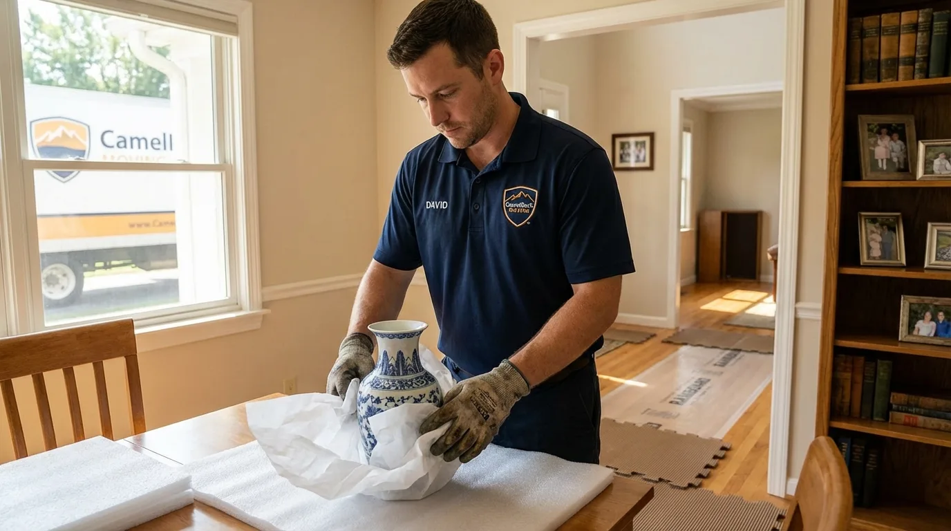 Professional crew carefully wrapping antique vase for senior downsizing move in Ellinwood, KS